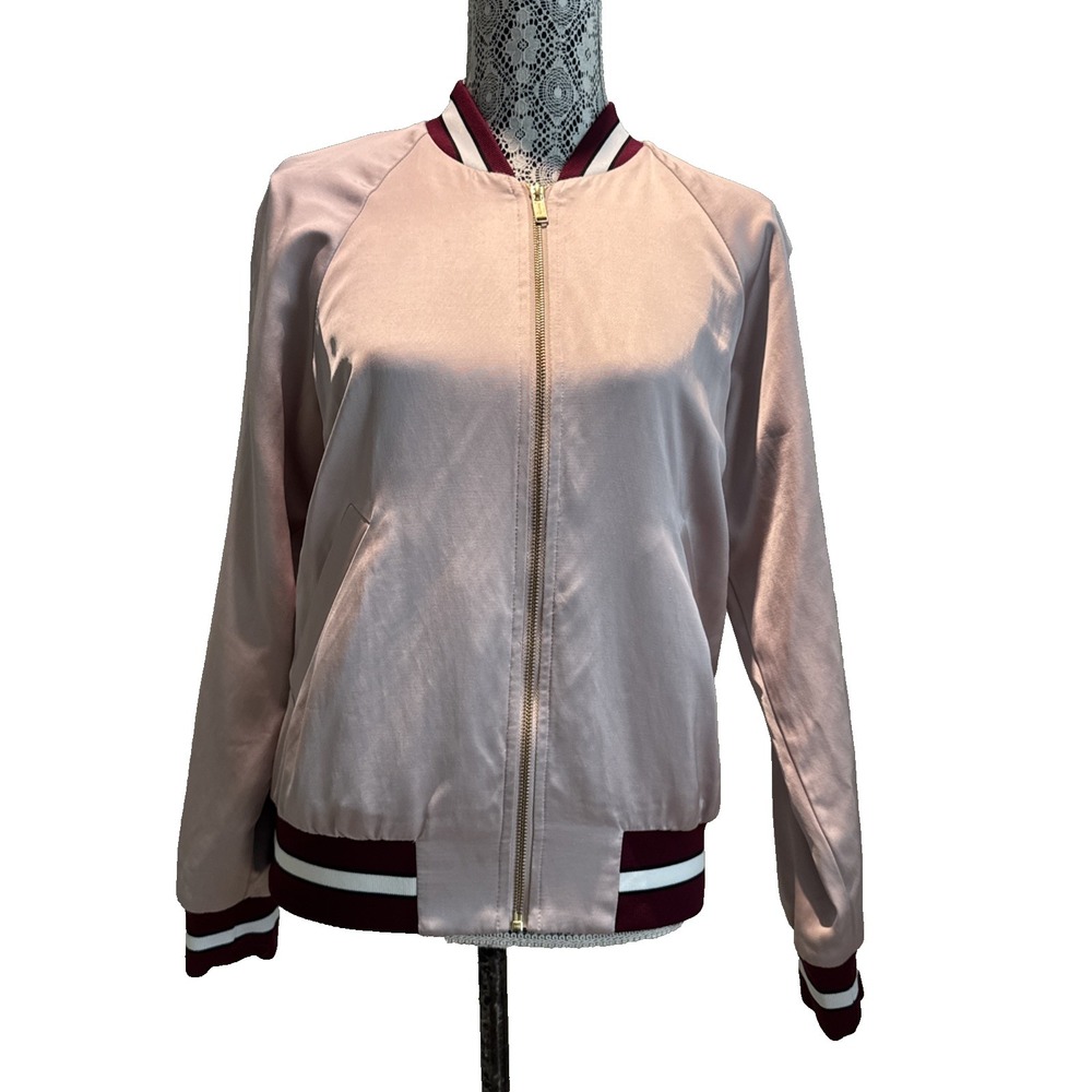 Aritzia Babaton Chelsea Satin Bomber Jacket Sz M Dusty Rose Varsity Preppy - Picture 2 of 16